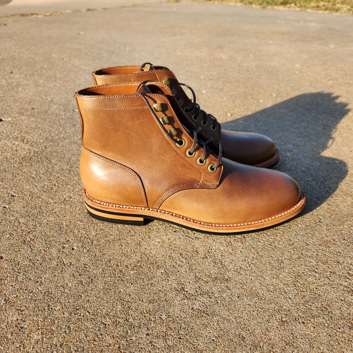 Photo by wildflowersnboots on October 1, 2024 of the Grant Stone Nora Boot in Horween Dune Chromexcel.