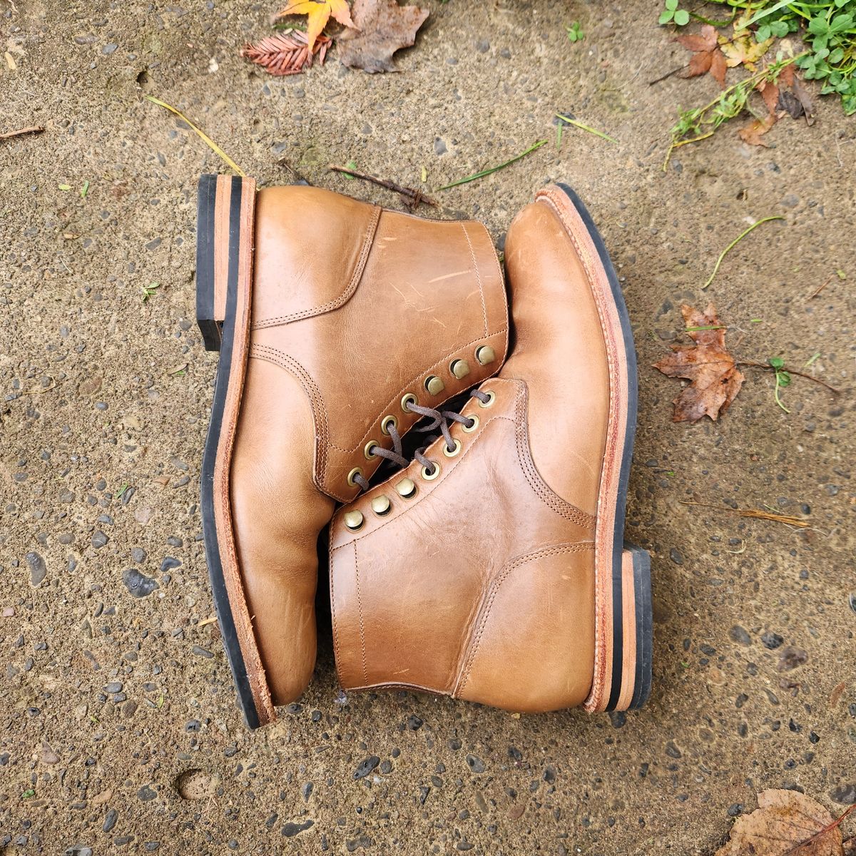 Photo by wildflowersnboots on November 6, 2024 of the Grant Stone Nora Boot in Horween Dune Chromexcel.