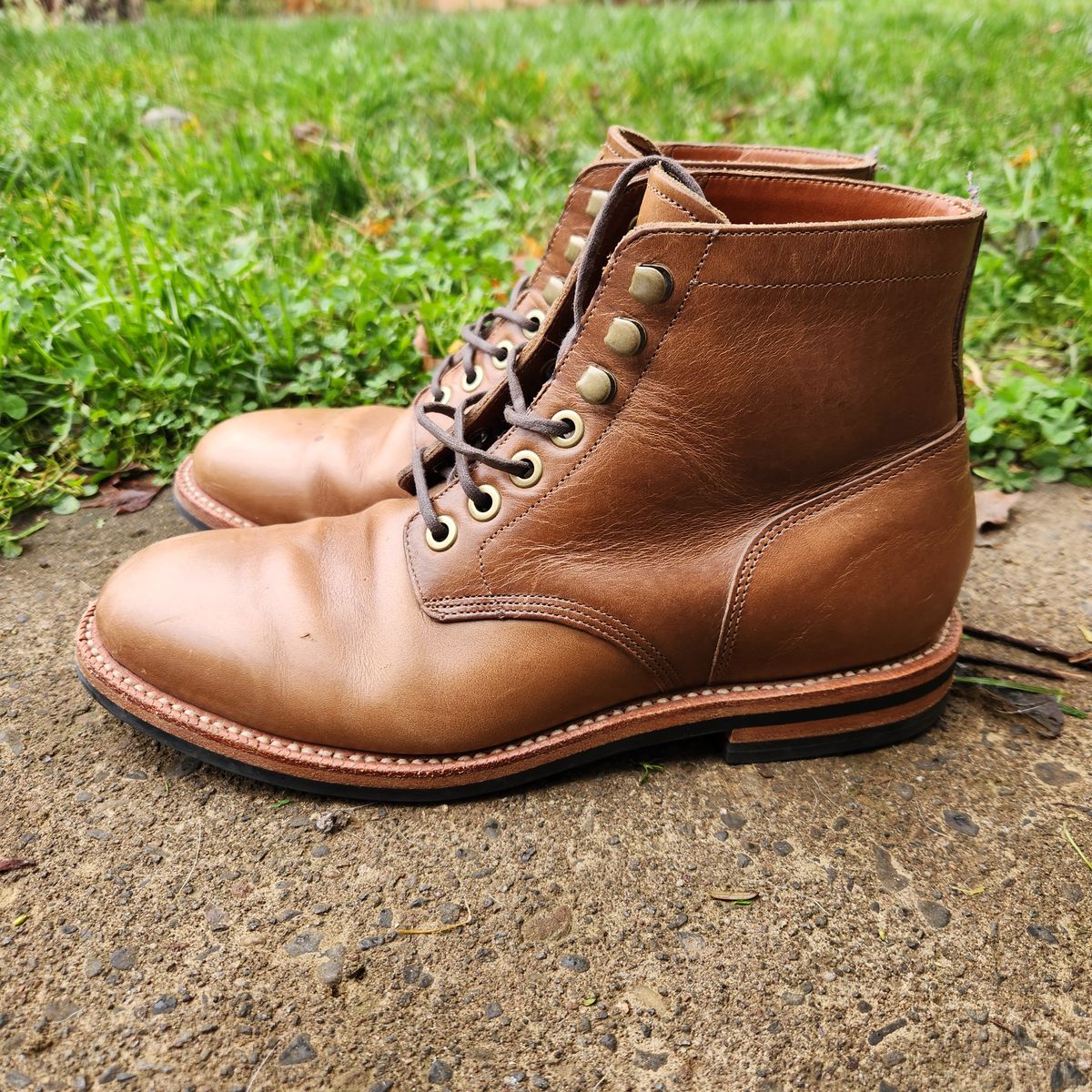 Photo by wildflowersnboots on November 6, 2024 of the Grant Stone Nora Boot in Horween Dune Chromexcel.
