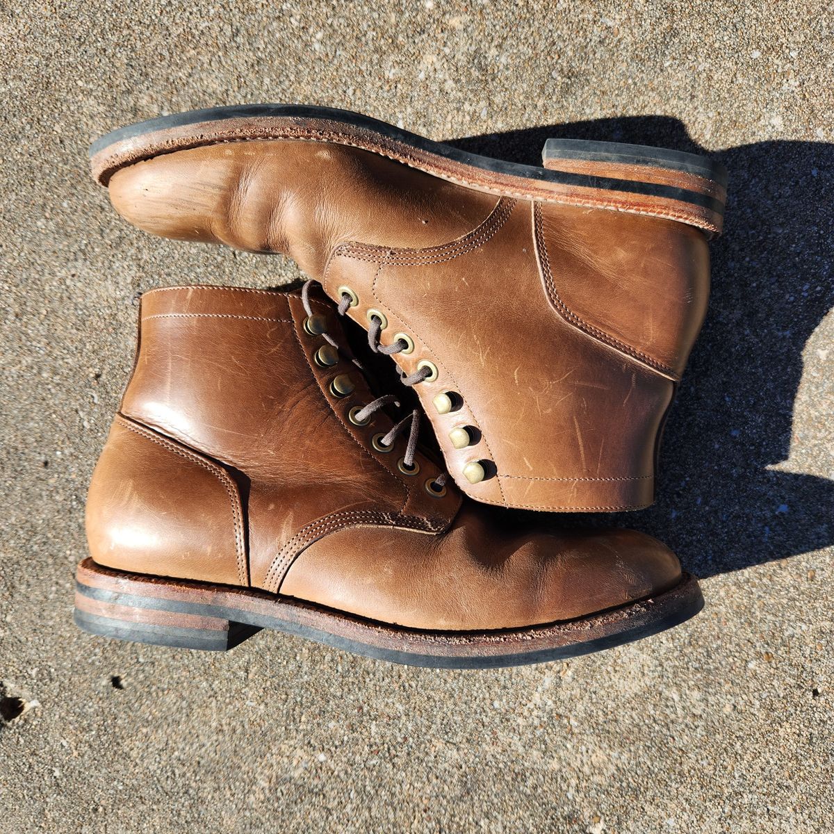 Photo by wildflowersnboots on December 5, 2024 of the Grant Stone Nora Boot in Horween Dune Chromexcel.