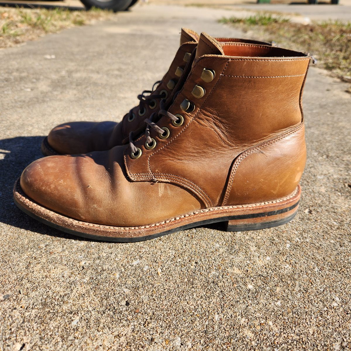 Photo by wildflowersnboots on December 5, 2024 of the Grant Stone Nora Boot in Horween Dune Chromexcel.