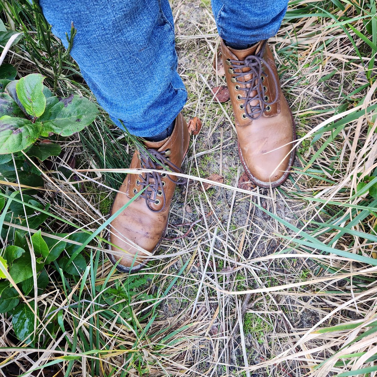 Photo by wildflowersnboots on November 7, 2024 of the Grant Stone Nora Boot in Horween Dune Chromexcel.
