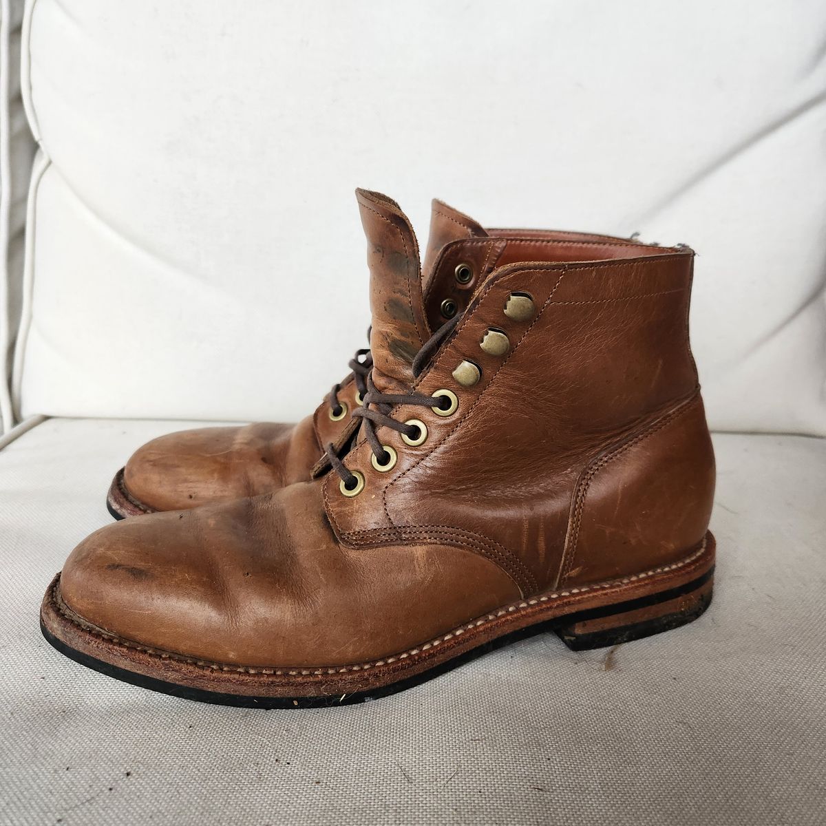 Photo by wildflowersnboots on January 6, 2025 of the Grant Stone Nora Boot in Horween Dune Chromexcel.