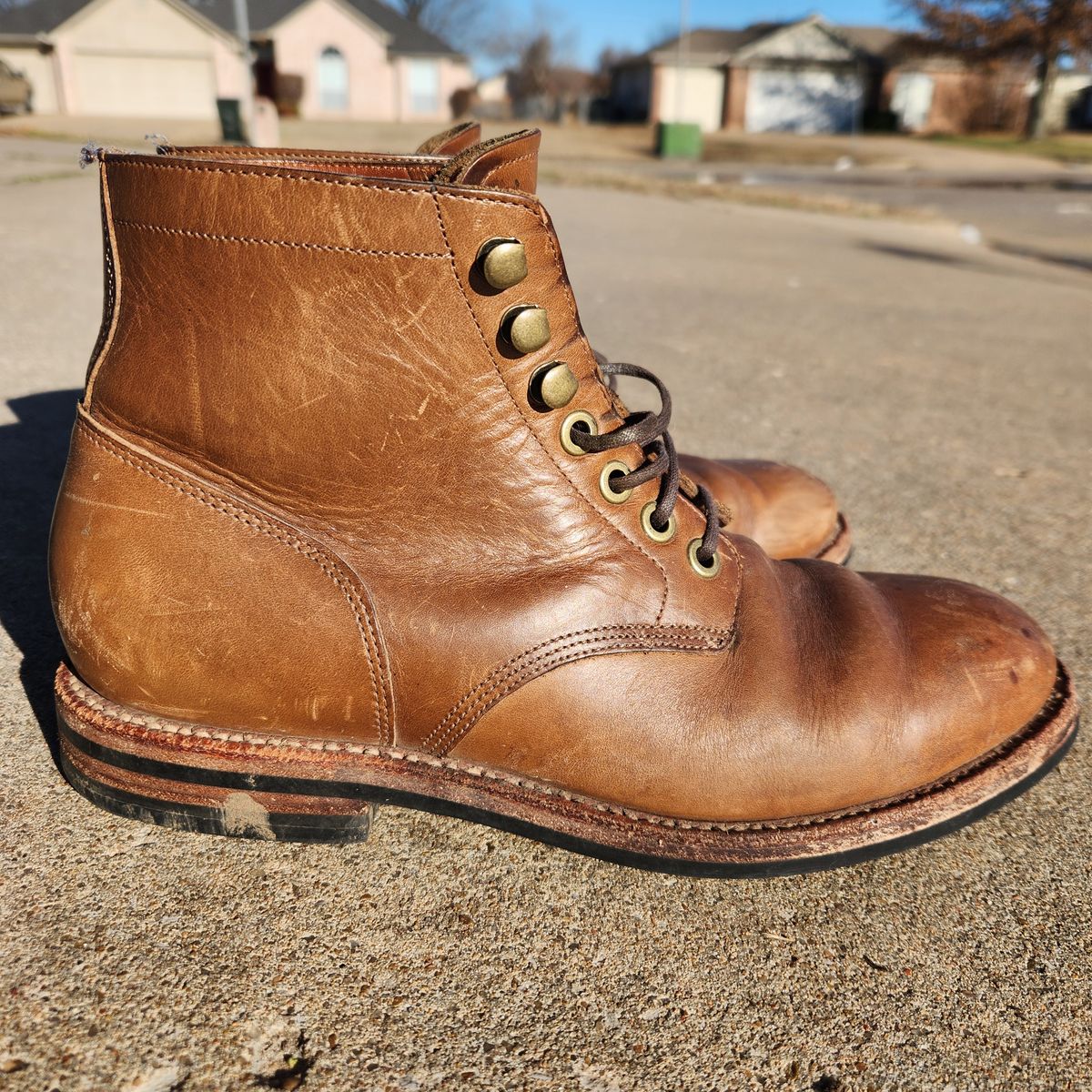 Photo by wildflowersnboots on March 5, 2025 of the Grant Stone Nora Boot in Horween Dune Chromexcel.