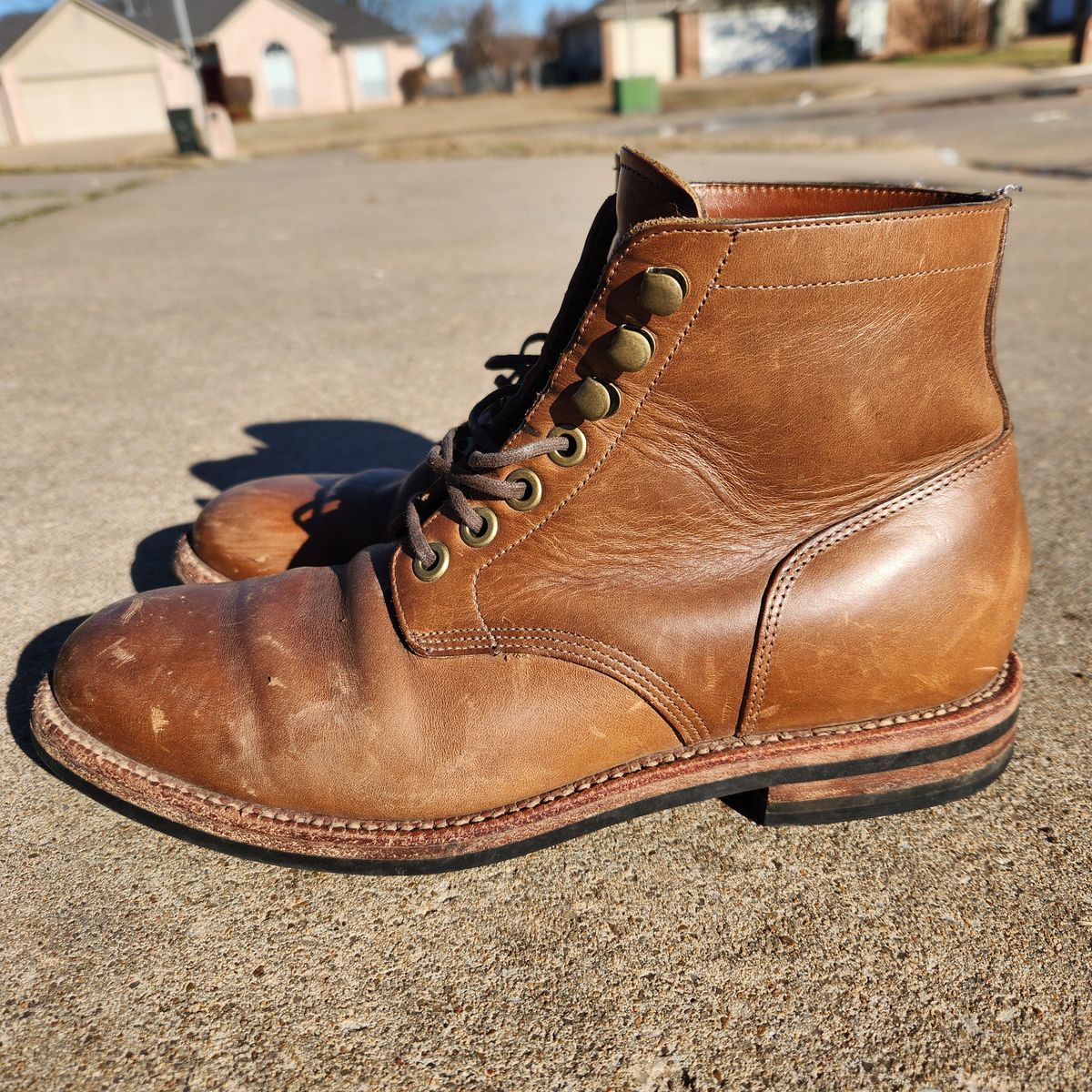 Photo by wildflowersnboots on March 5, 2025 of the Grant Stone Nora Boot in Horween Dune Chromexcel.