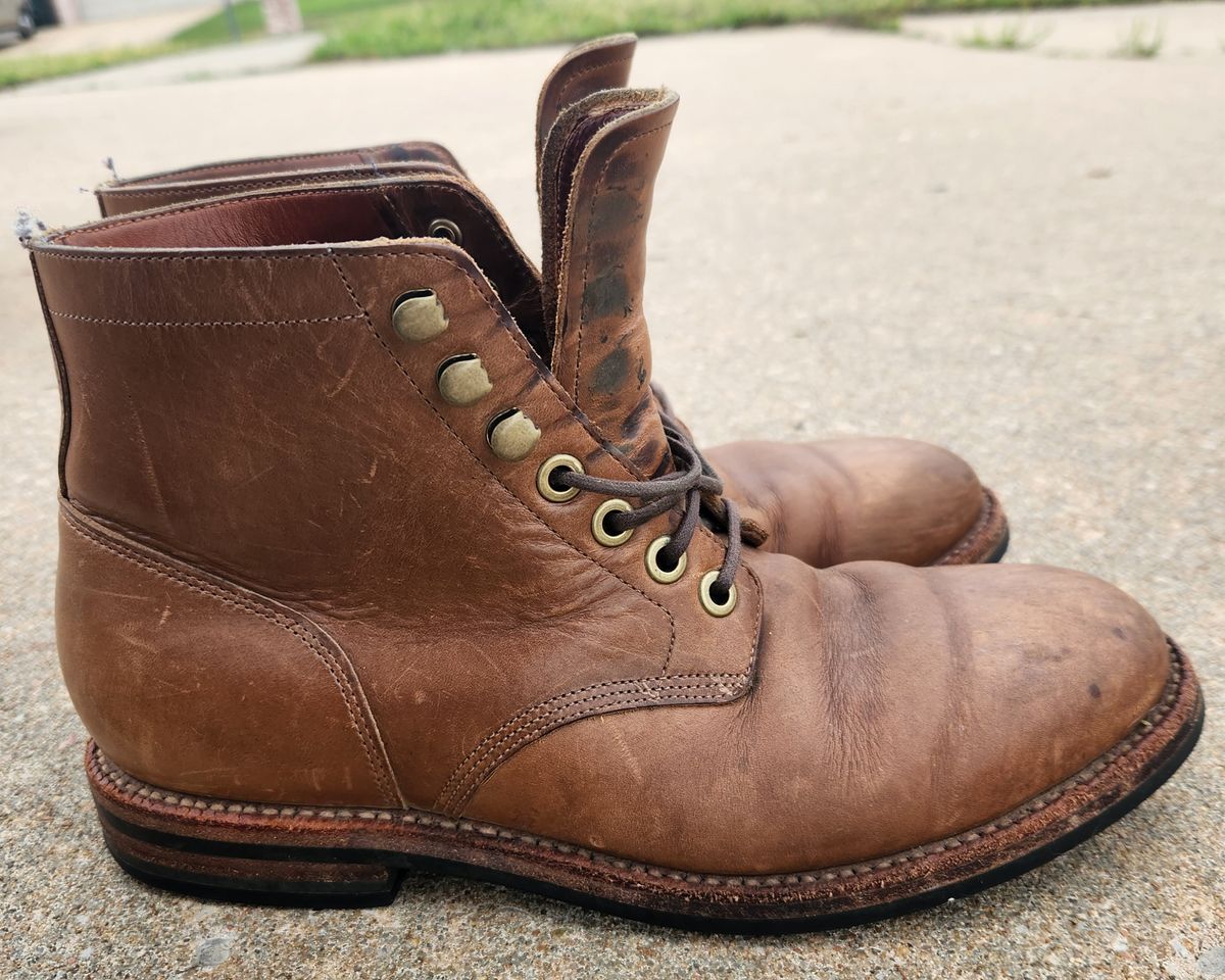 Photo by wildflowersnboots on April 5, 2025 of the Grant Stone Nora Boot in Horween Dune Chromexcel.