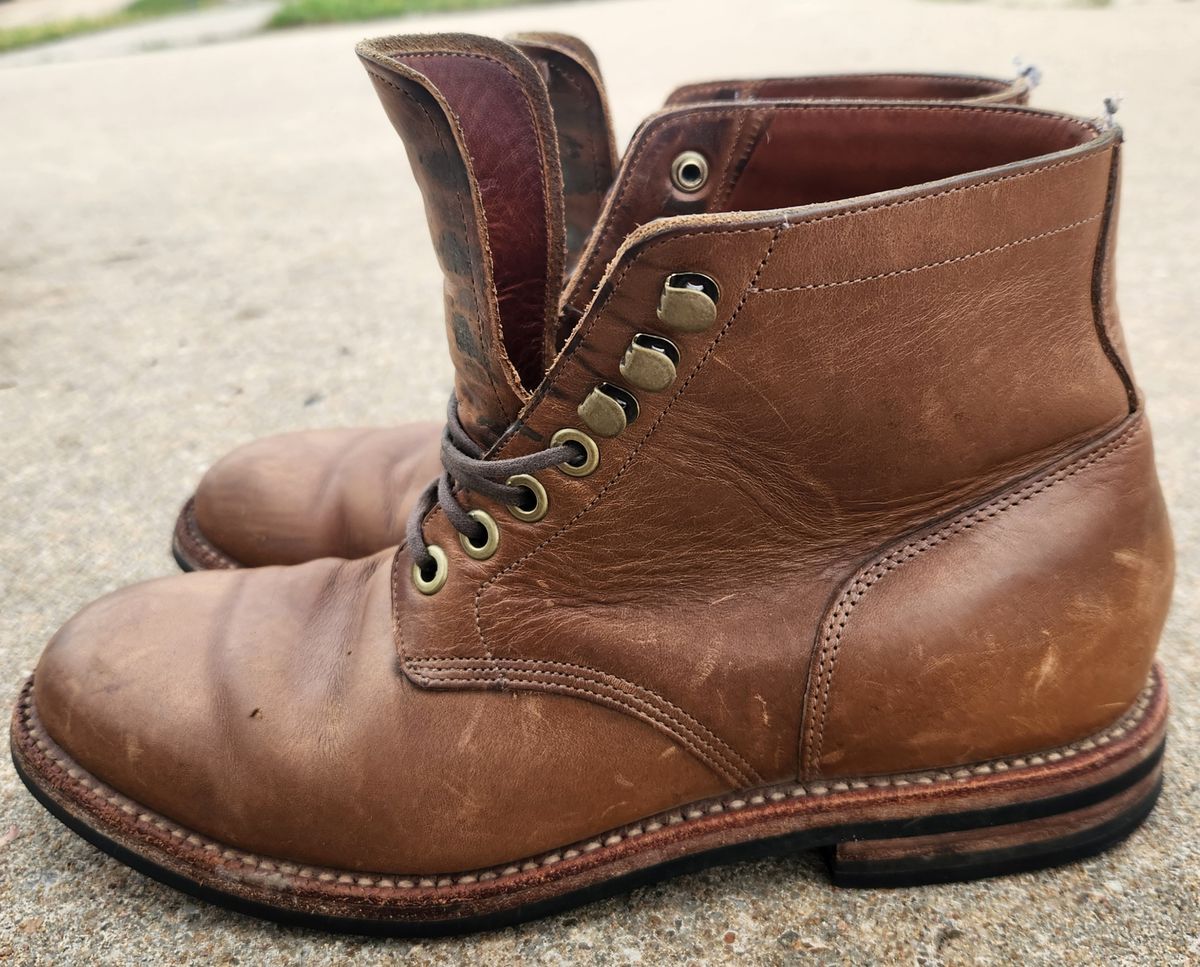Photo by wildflowersnboots on April 5, 2025 of the Grant Stone Nora Boot in Horween Dune Chromexcel.