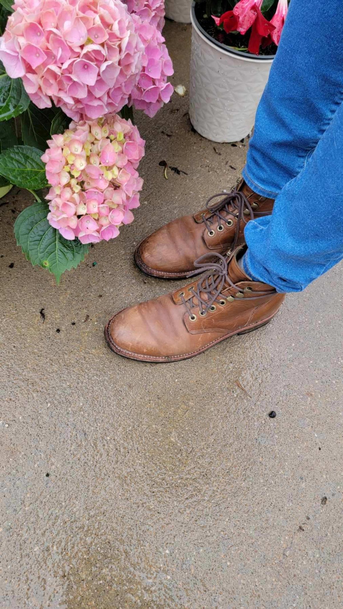 Photo by wildflowersnboots on April 6, 2025 of the Grant Stone Nora Boot in Horween Dune Chromexcel.