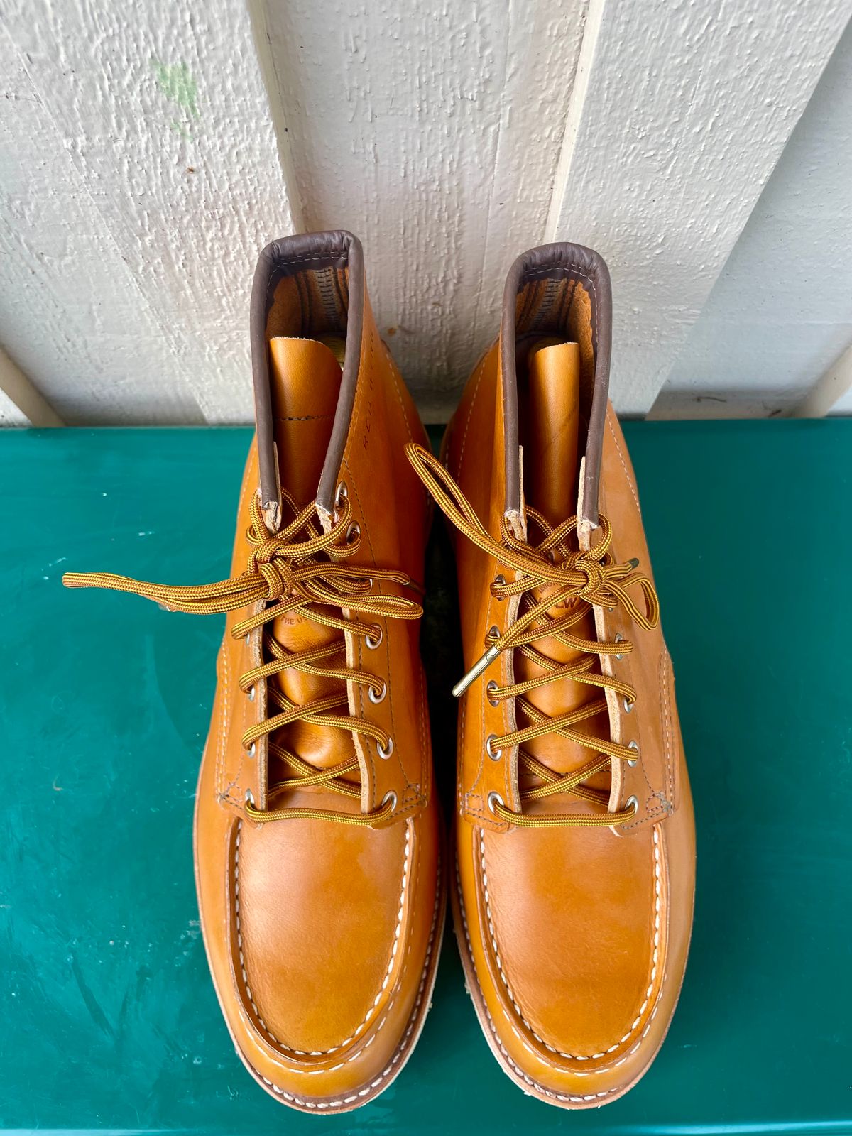 Photo by surcos on October 1, 2023 of the Irish Setter 6-Inch Classic Moc in Gold Russet Sequoia.
