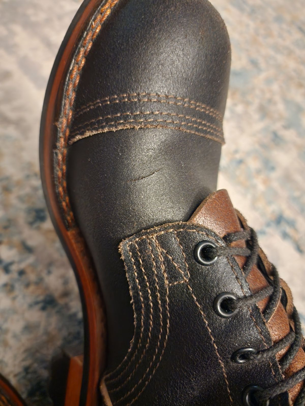 Photo by Pale_Highl1ight on October 3, 2024 of the Nicks Nicks/ x Butterscotch Triton Boot in Nicks/ Horween Black Waxed Flesh.