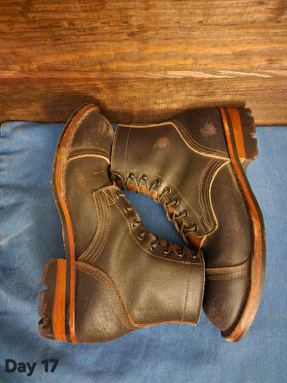 Photo by Pale_Highl1ight on October 19, 2024 of the Nicks Nicks/ x Butterscotch Triton Boot in Nicks/ Horween Black Waxed Flesh.