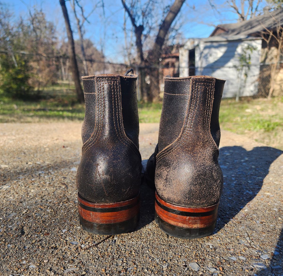 Photo by Pale_Highl1ight on January 1, 2025 of the Nicks Nicks/ x Butterscotch Triton Boot in Nicks/ Horween Black Waxed Flesh.