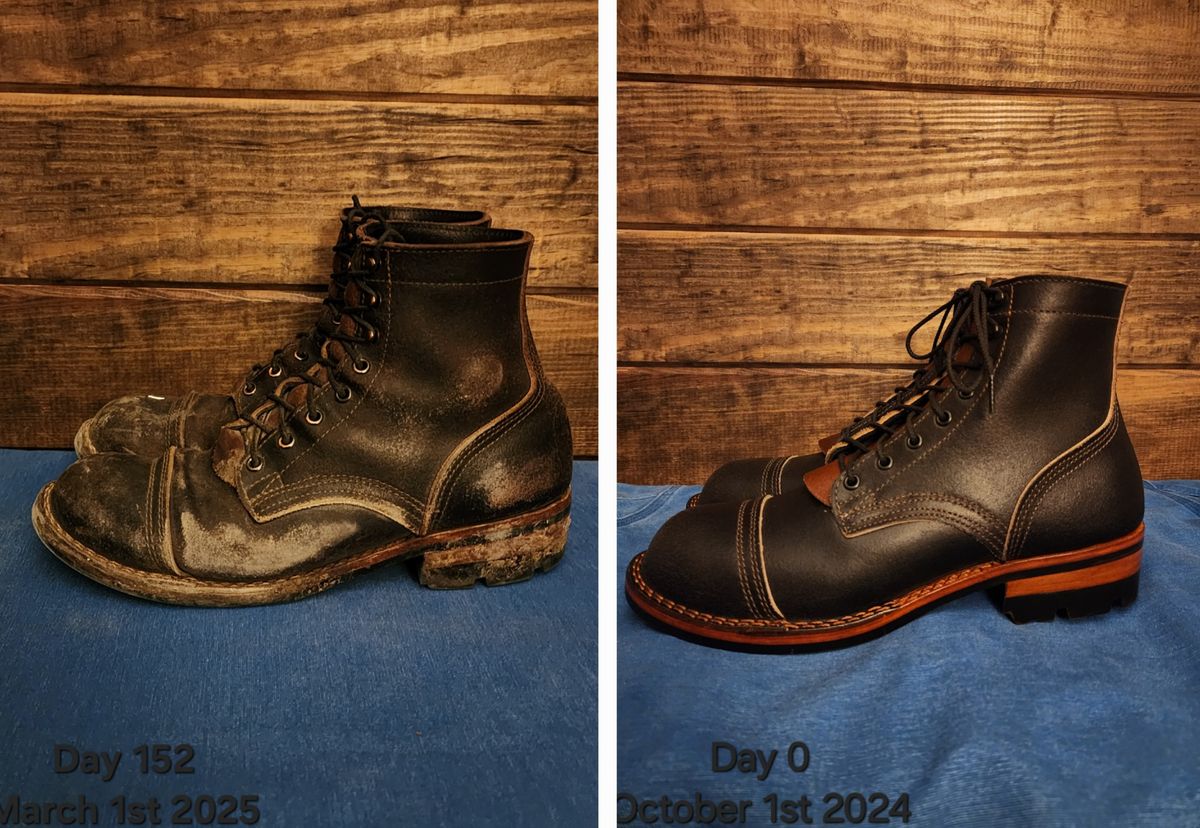 Photo by Pale_Highl1ight on March 2, 2025 of the Nicks Nicks/ x Butterscotch Triton Boot in Nicks/ Horween Black Waxed Flesh.