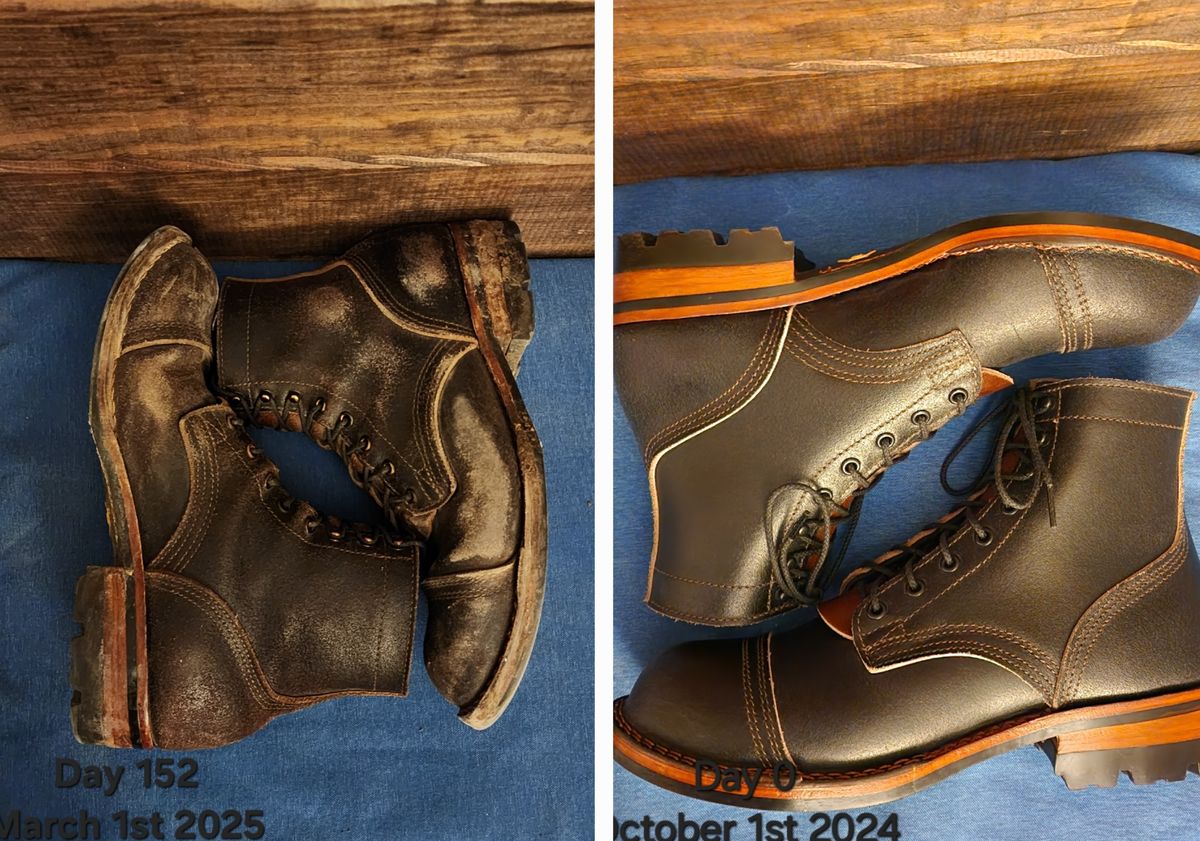 Photo by Pale_Highl1ight on March 2, 2025 of the Nicks Nicks/ x Butterscotch Triton Boot in Nicks/ Horween Black Waxed Flesh.