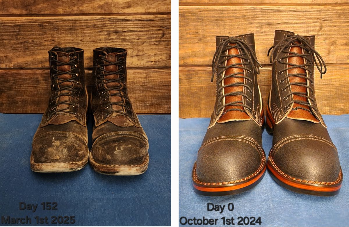 Photo by Pale_Highl1ight on March 2, 2025 of the Nicks Nicks/ x Butterscotch Triton Boot in Nicks/ Horween Black Waxed Flesh.