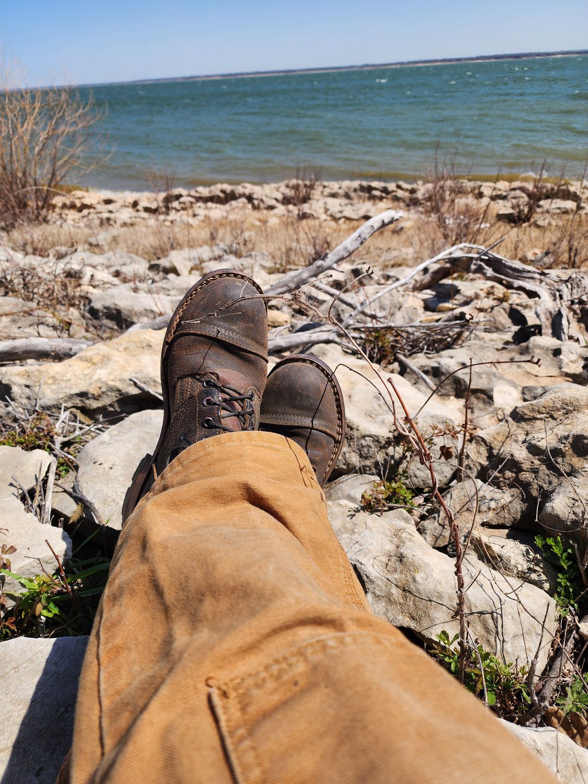 Photo by Pale_Highl1ight on March 21, 2025 of the Nicks Nicks/ x Butterscotch Triton Boot in Nicks/ Horween Black Waxed Flesh.