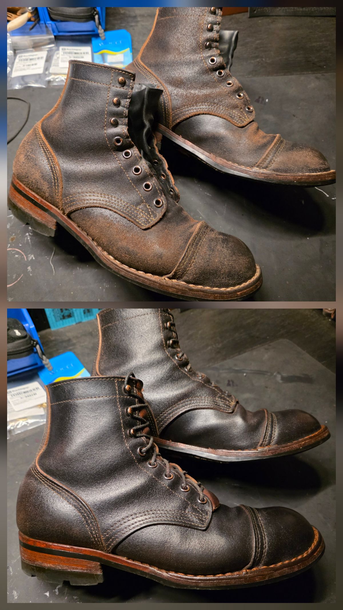 Photo by Pale_Highl1ight on September 21, 2025 of the Nicks Nicks/ x Butterscotch Triton Boot in Nicks/ Horween Black Waxed Flesh.