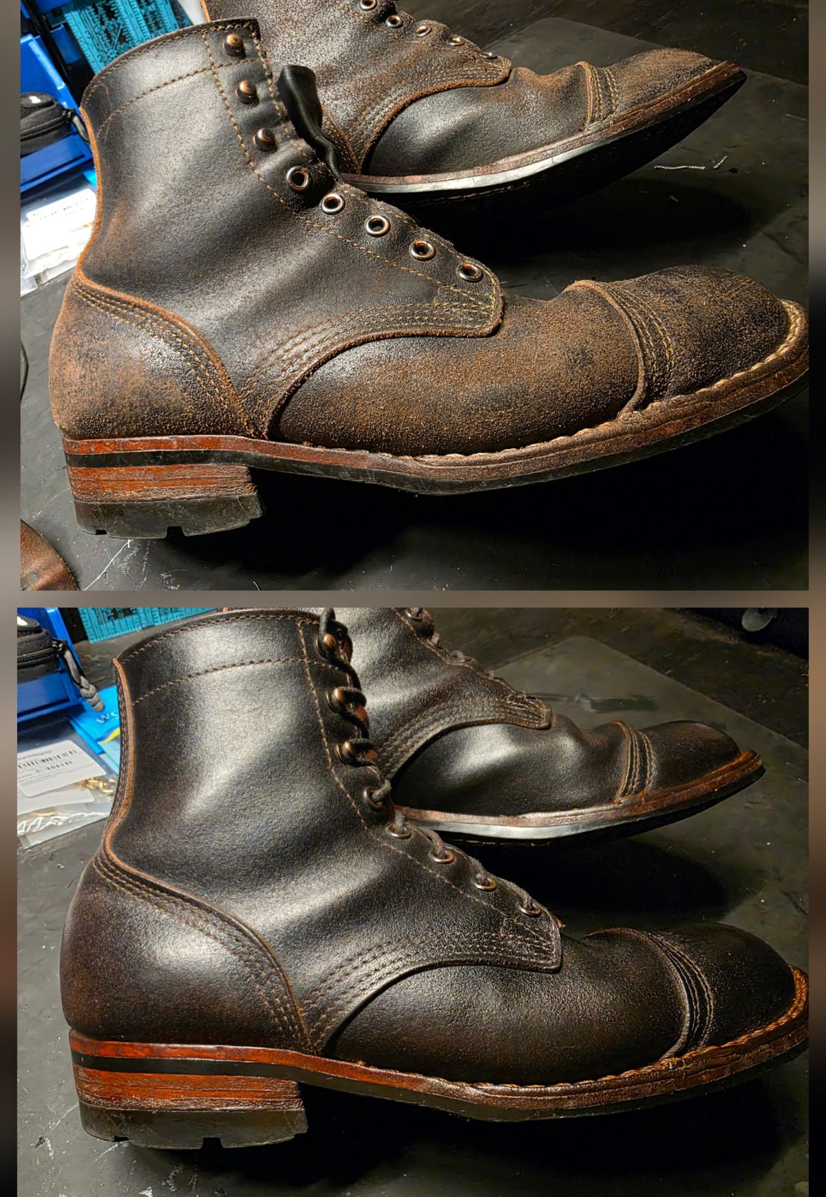 Photo by Pale_Highl1ight on September 21, 2025 of the Nicks Nicks/ x Butterscotch Triton Boot in Nicks/ Horween Black Waxed Flesh.