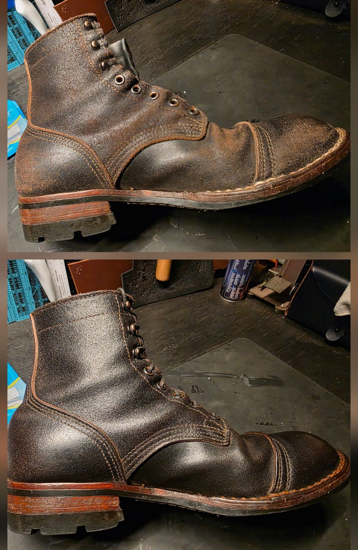 Photo by Pale_Highl1ight on September 21, 2025 of the Nicks Nicks/ x Butterscotch Triton Boot in Nicks/ Horween Black Waxed Flesh.