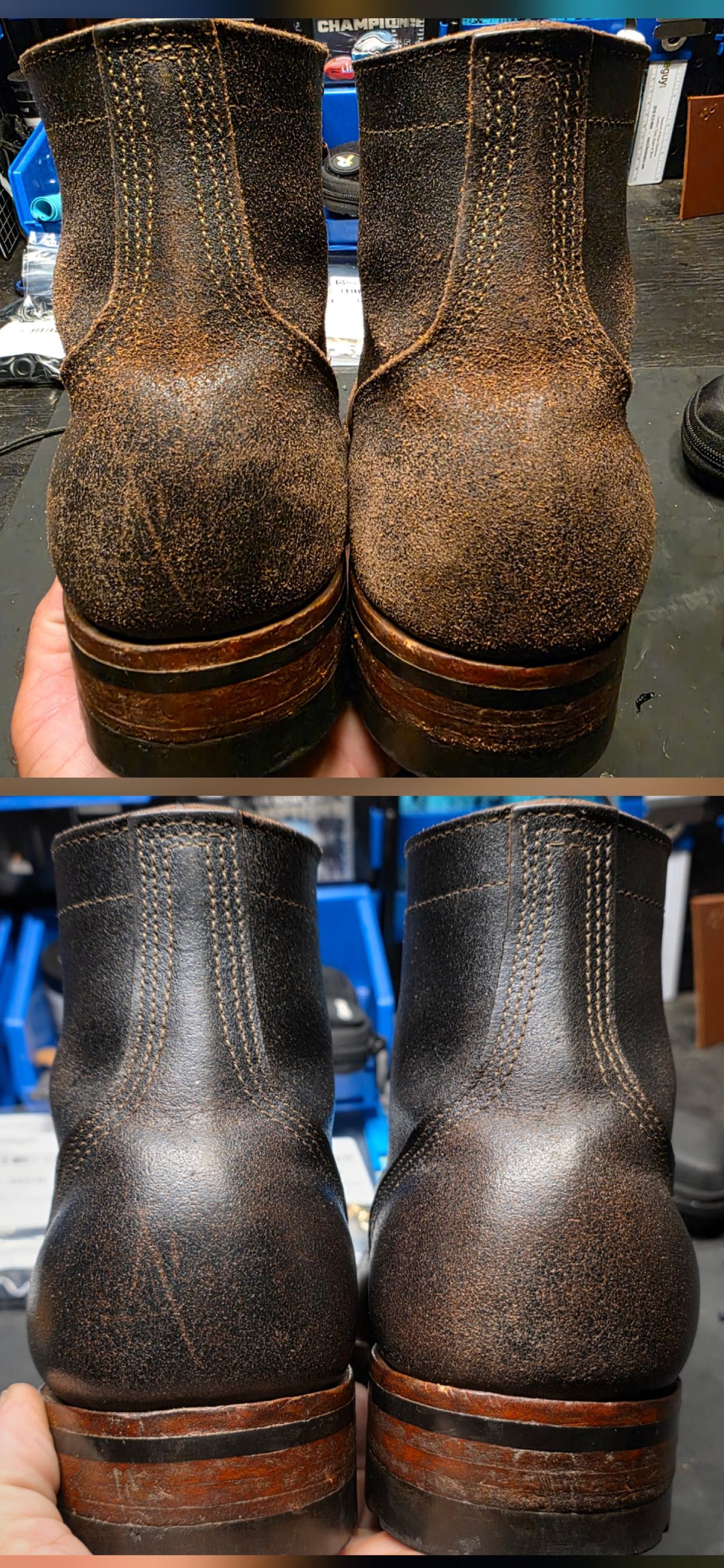 Photo by Pale_Highl1ight on September 21, 2025 of the Nicks Nicks/ x Butterscotch Triton Boot in Nicks/ Horween Black Waxed Flesh.