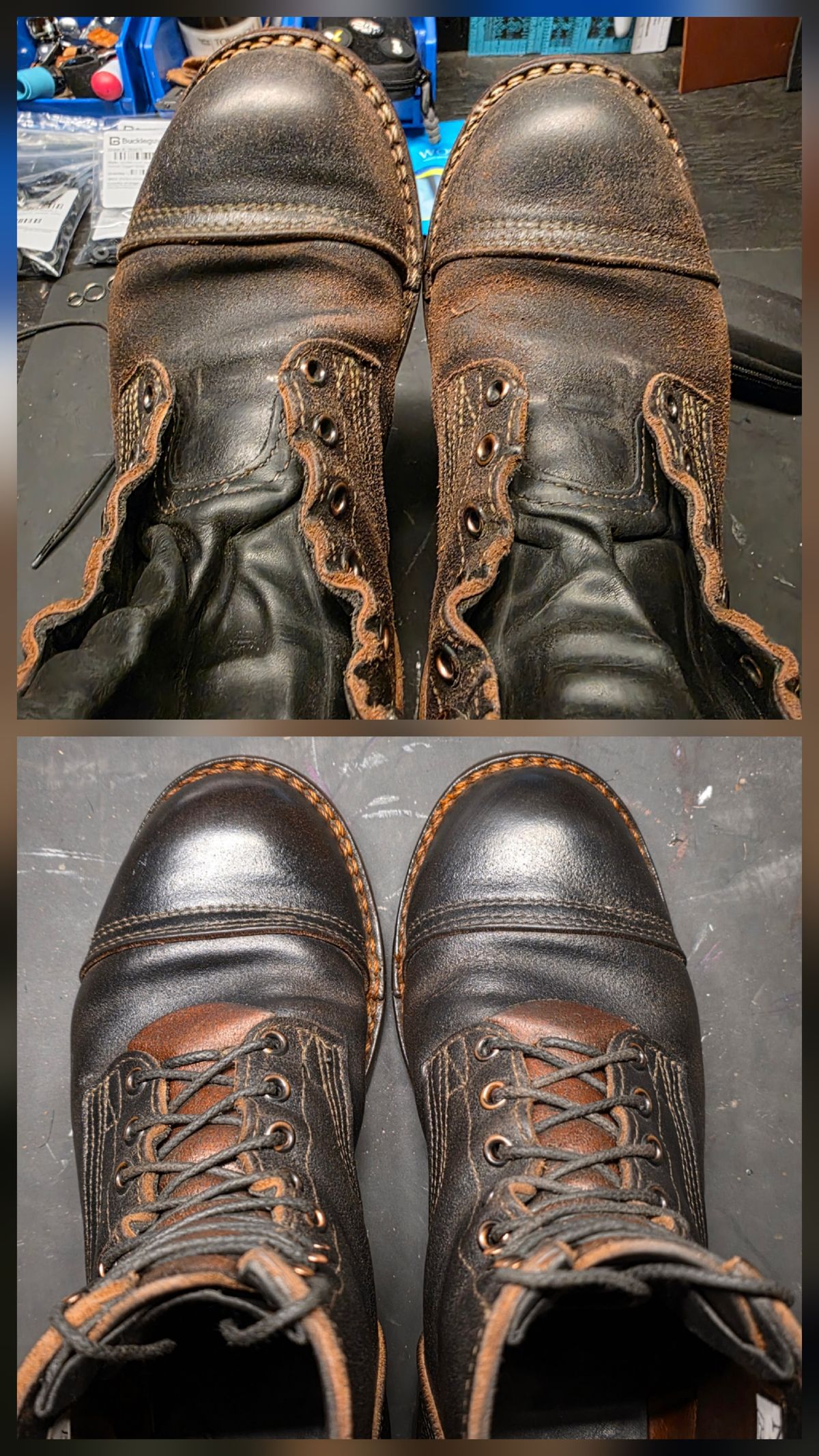 Photo by Pale_Highl1ight on September 21, 2025 of the Nicks Nicks/ x Butterscotch Triton Boot in Nicks/ Horween Black Waxed Flesh.