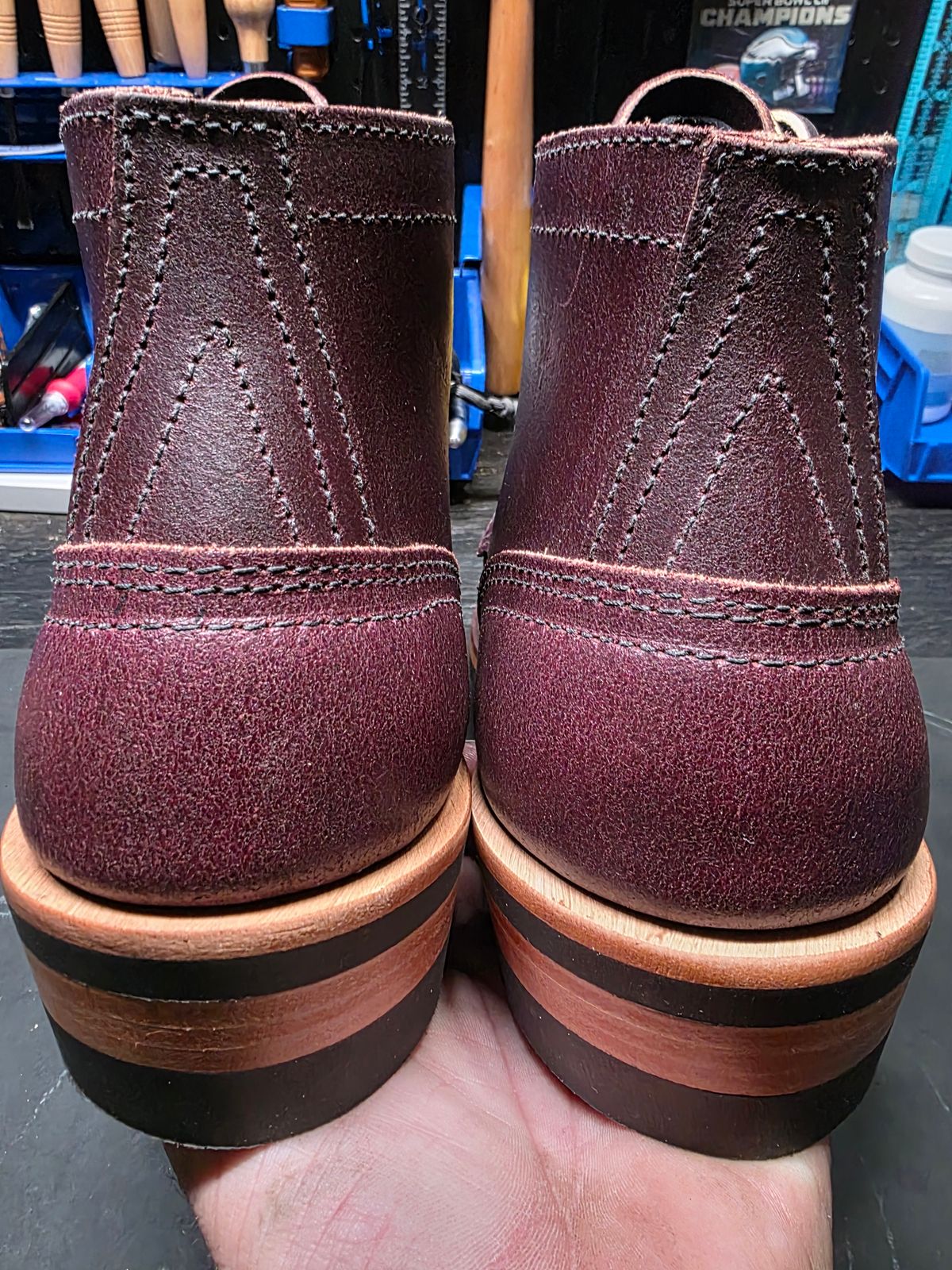 Photo by Pale_Highl1ight on January 21, 2026 of the Nicks MTO in Wickett And Craig Double Stuffed Waxed Flesh Burgundy.