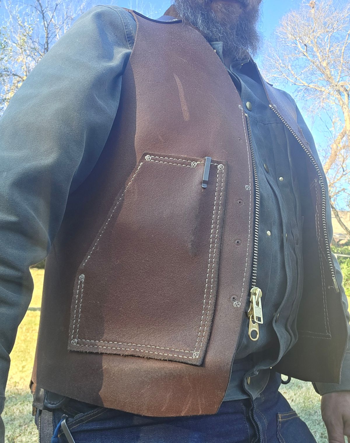 Photo by Pale_Highl1ight on December 2, 2025 of the Pale Highlight Natural Waxed Flesh Vest in Horween Natural Waxed Flesh.