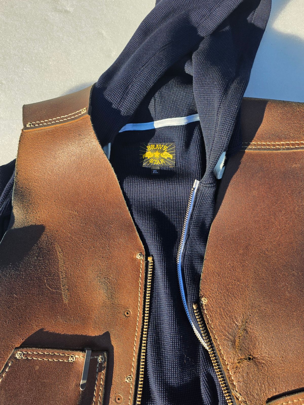 Photo by Pale_Highl1ight on February 1, 2026 of the Pale Highlight Natural Waxed Flesh Vest in Horween Natural Waxed Flesh.