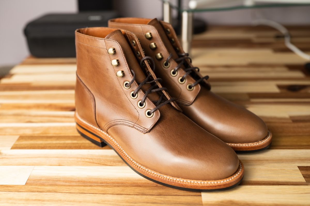 Photo by naclmaiden on October 1, 2023 of the Grant Stone Nora Boot in Horween Dune Chromexcel.
