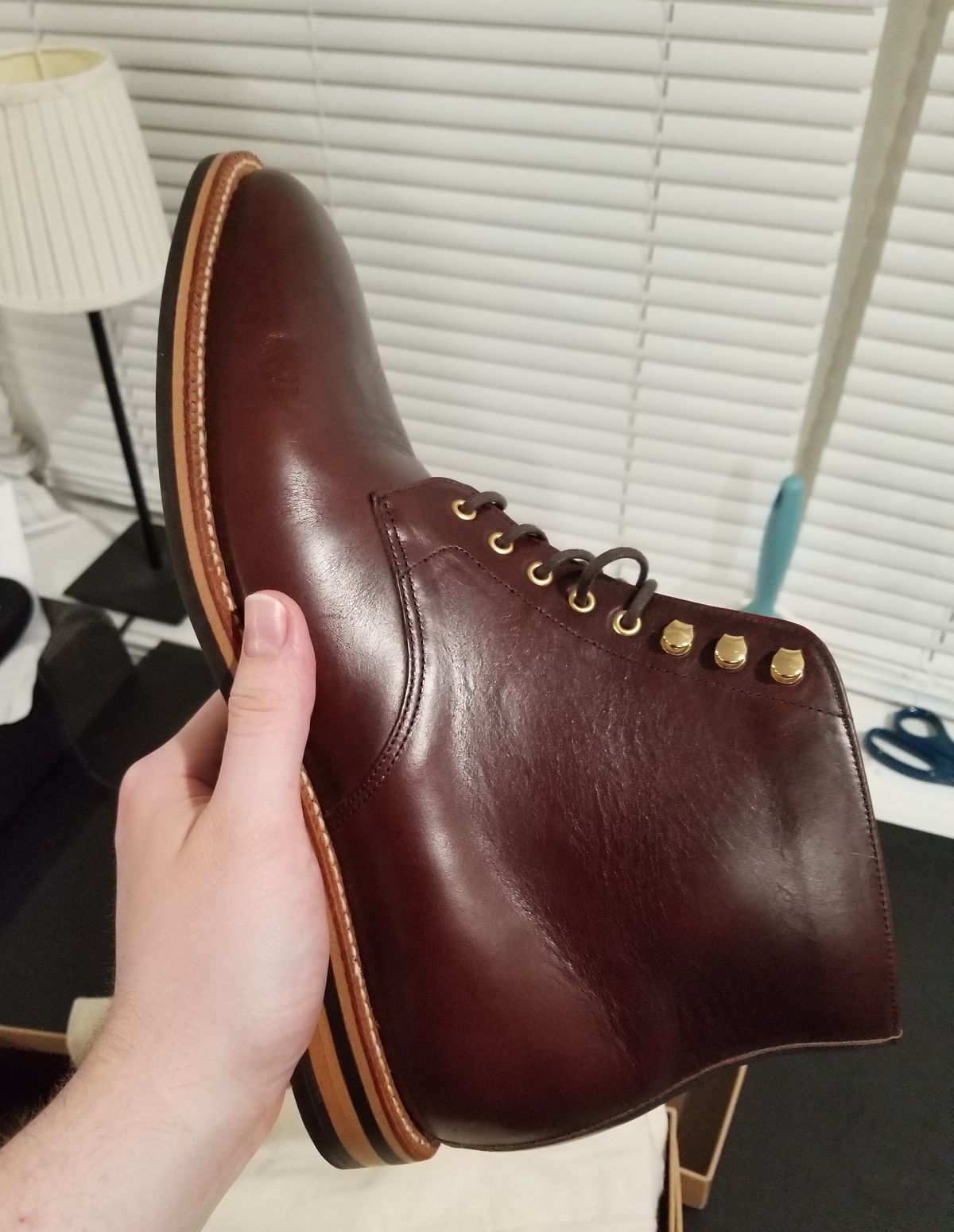 Photo by InfernalJusticator on March 19, 2024 of the Grant Stone Edward Boot in Horween Dark Walnut Chromexcel.