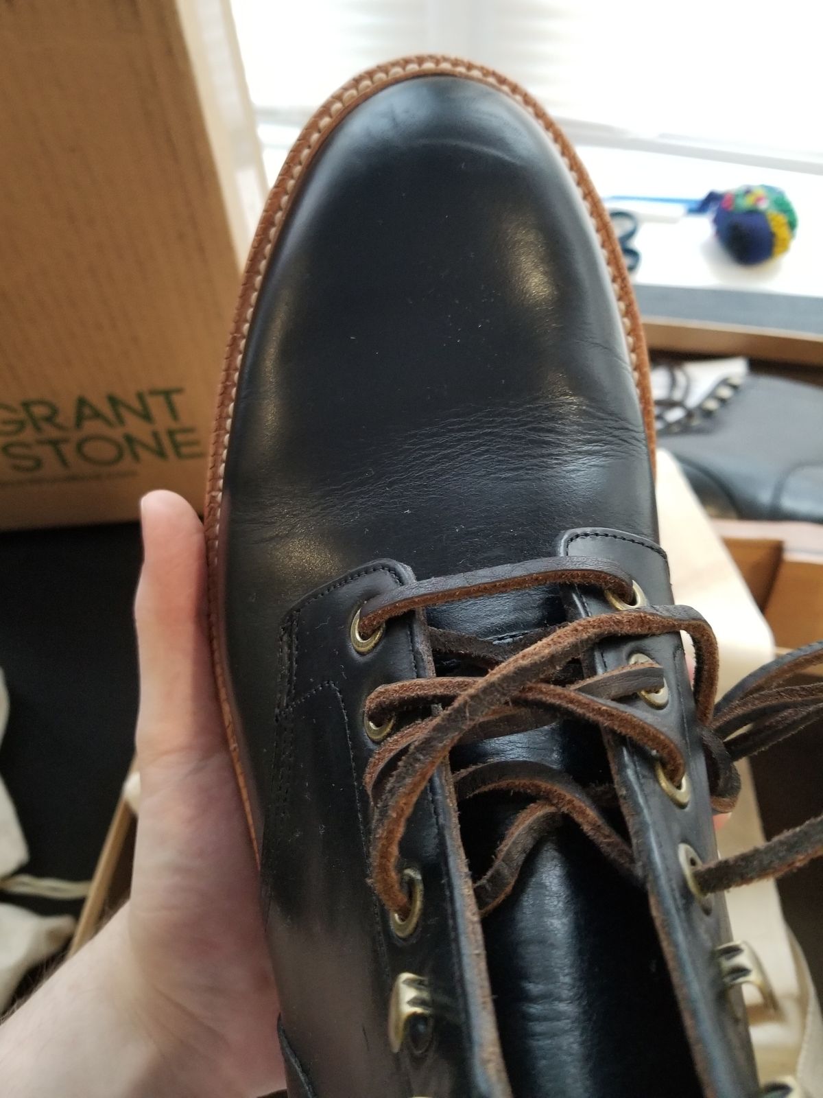 Photo by InfernalJusticator on April 29, 2024 of the Grant Stone Diesel Boot in Horween Black Chromexcel.