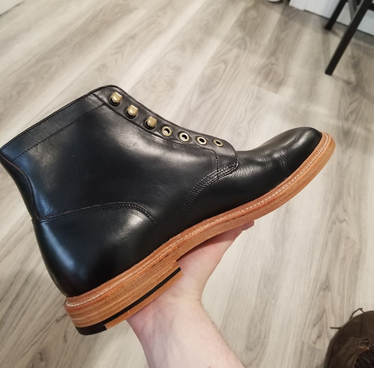 Photo by InfernalJusticator on April 29, 2024 of the Grant Stone Diesel Boot in Horween Black Chromexcel.