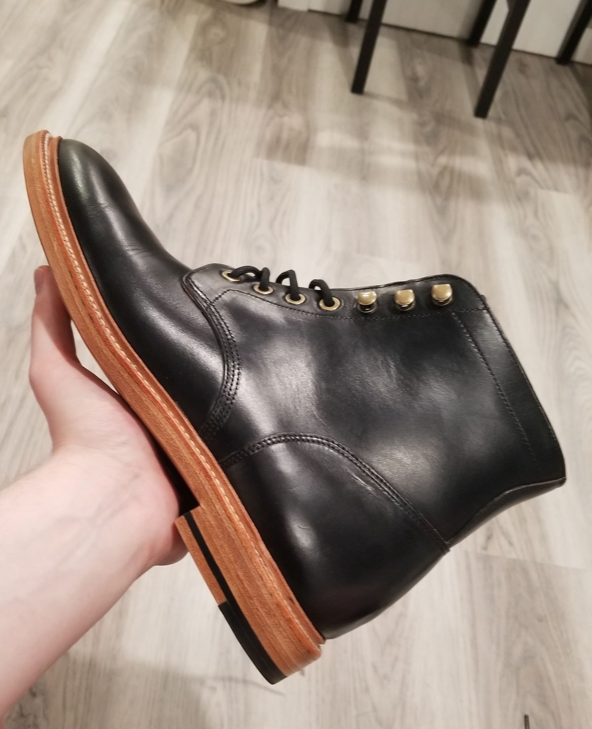 Photo by InfernalJusticator on April 30, 2024 of the Grant Stone Diesel Boot in Horween Black Chromexcel.