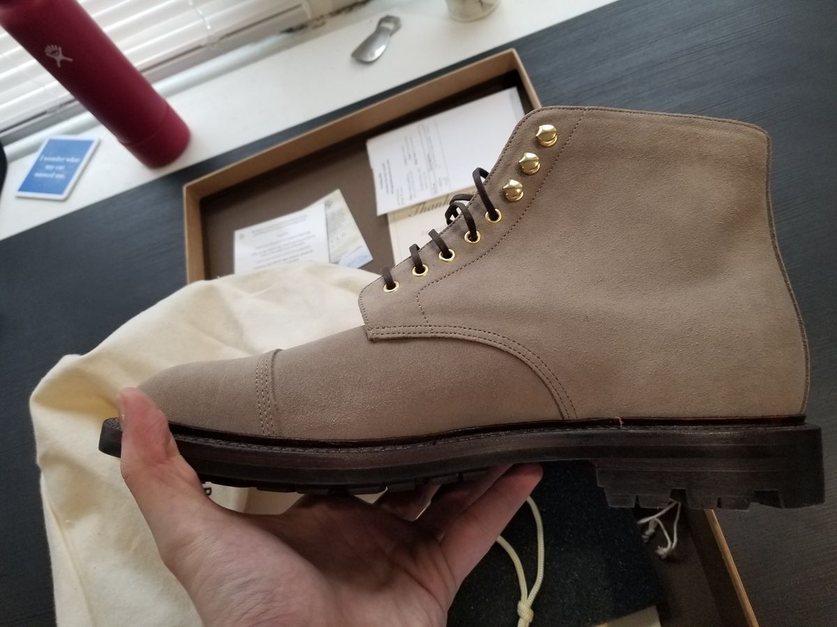 Photo by InfernalJusticator on July 3, 2024 of the Grant Stone Cap Toe Boot in C.F. Stead Taupe Repello Calf Suede.