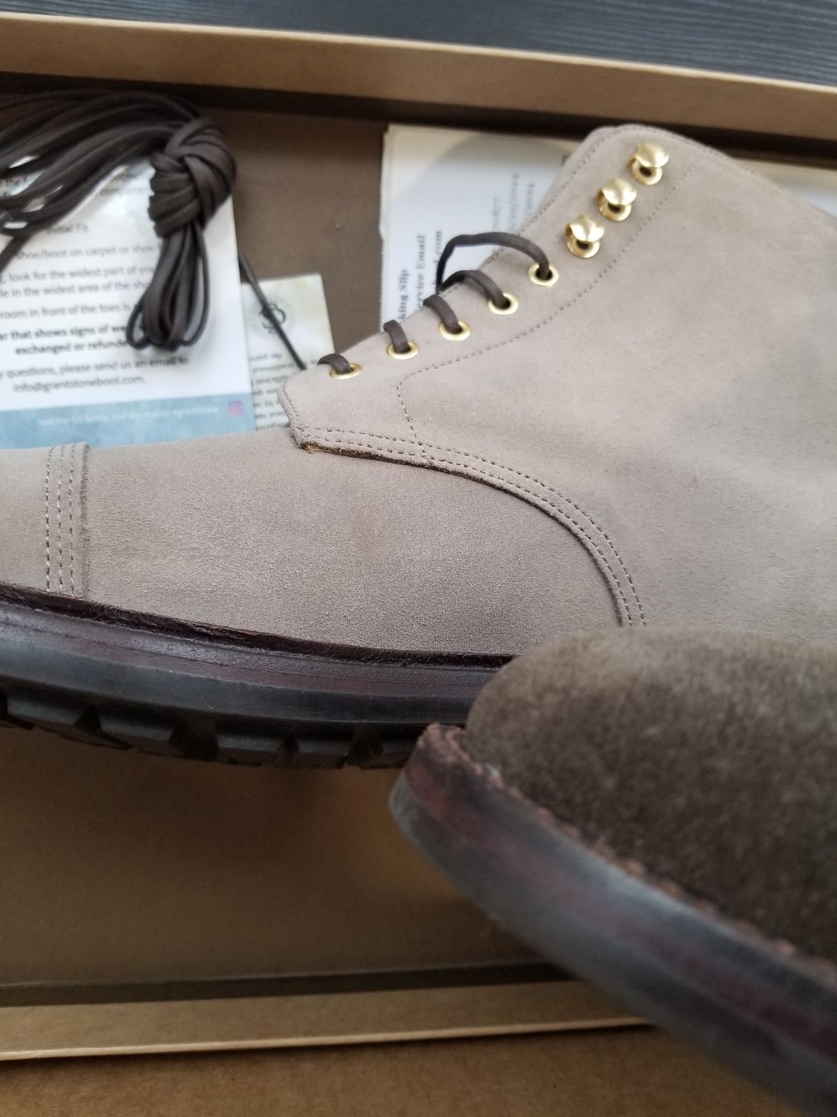 Photo by InfernalJusticator on July 3, 2024 of the Grant Stone Cap Toe Boot in C.F. Stead Taupe Repello Calf Suede.