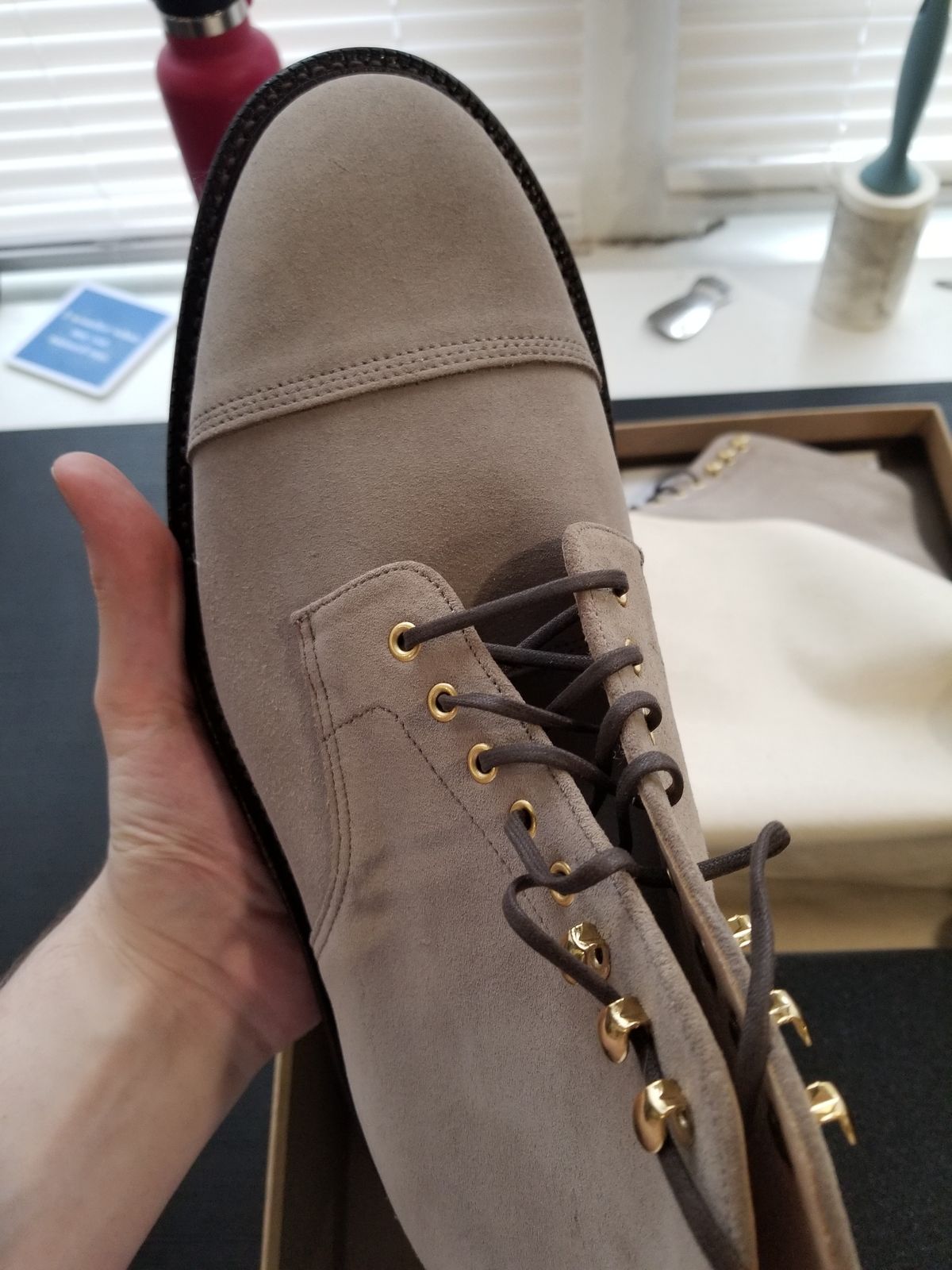 Photo by InfernalJusticator on July 3, 2024 of the Grant Stone Cap Toe Boot in C.F. Stead Taupe Repello Calf Suede.