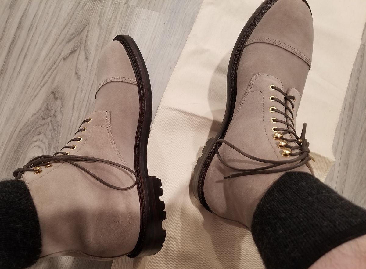 Photo by InfernalJusticator on July 3, 2024 of the Grant Stone Cap Toe Boot in C.F. Stead Taupe Repello Calf Suede.