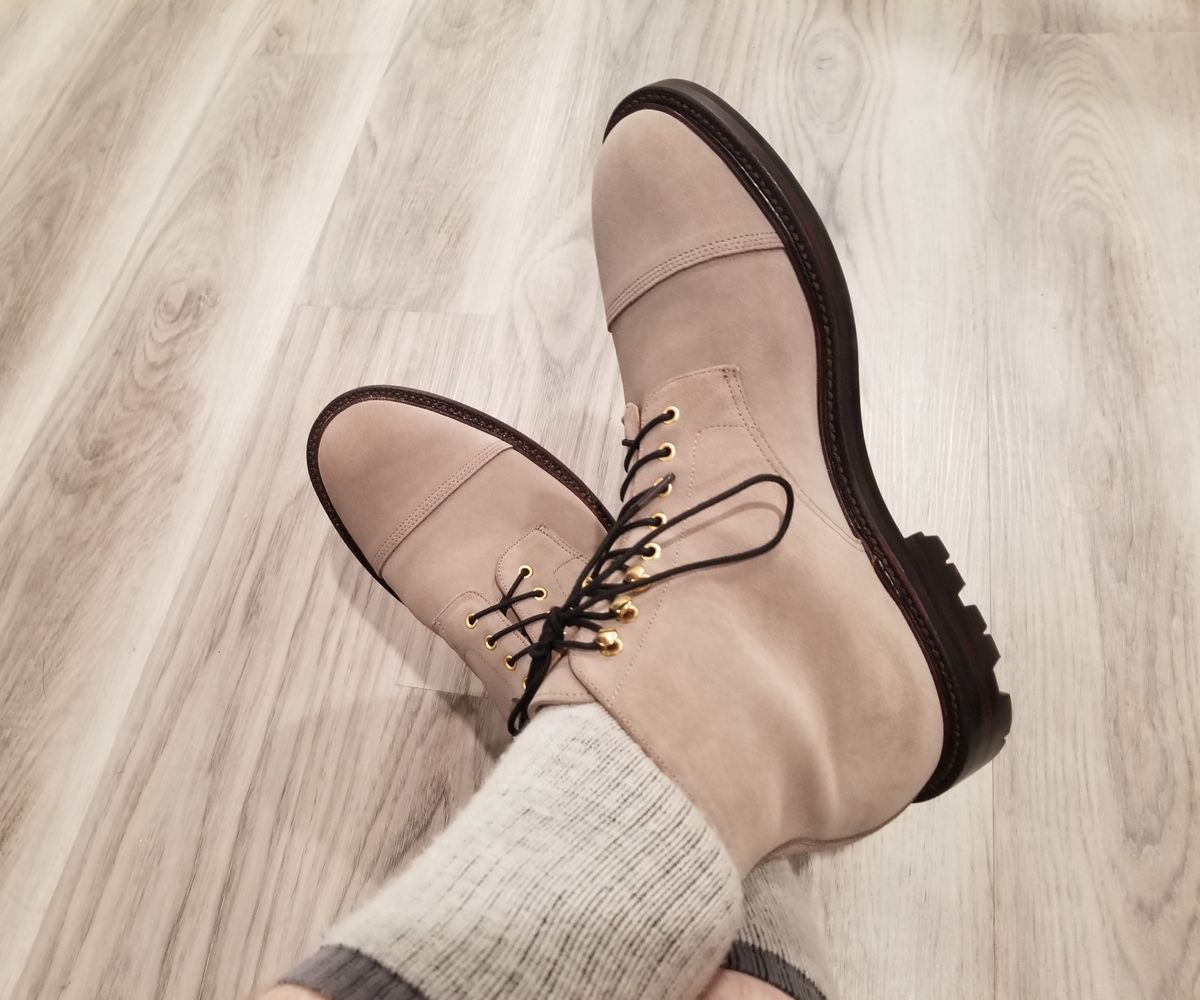 Photo by InfernalJusticator on July 4, 2024 of the Grant Stone Cap Toe Boot in C.F. Stead Taupe Repello Calf Suede.