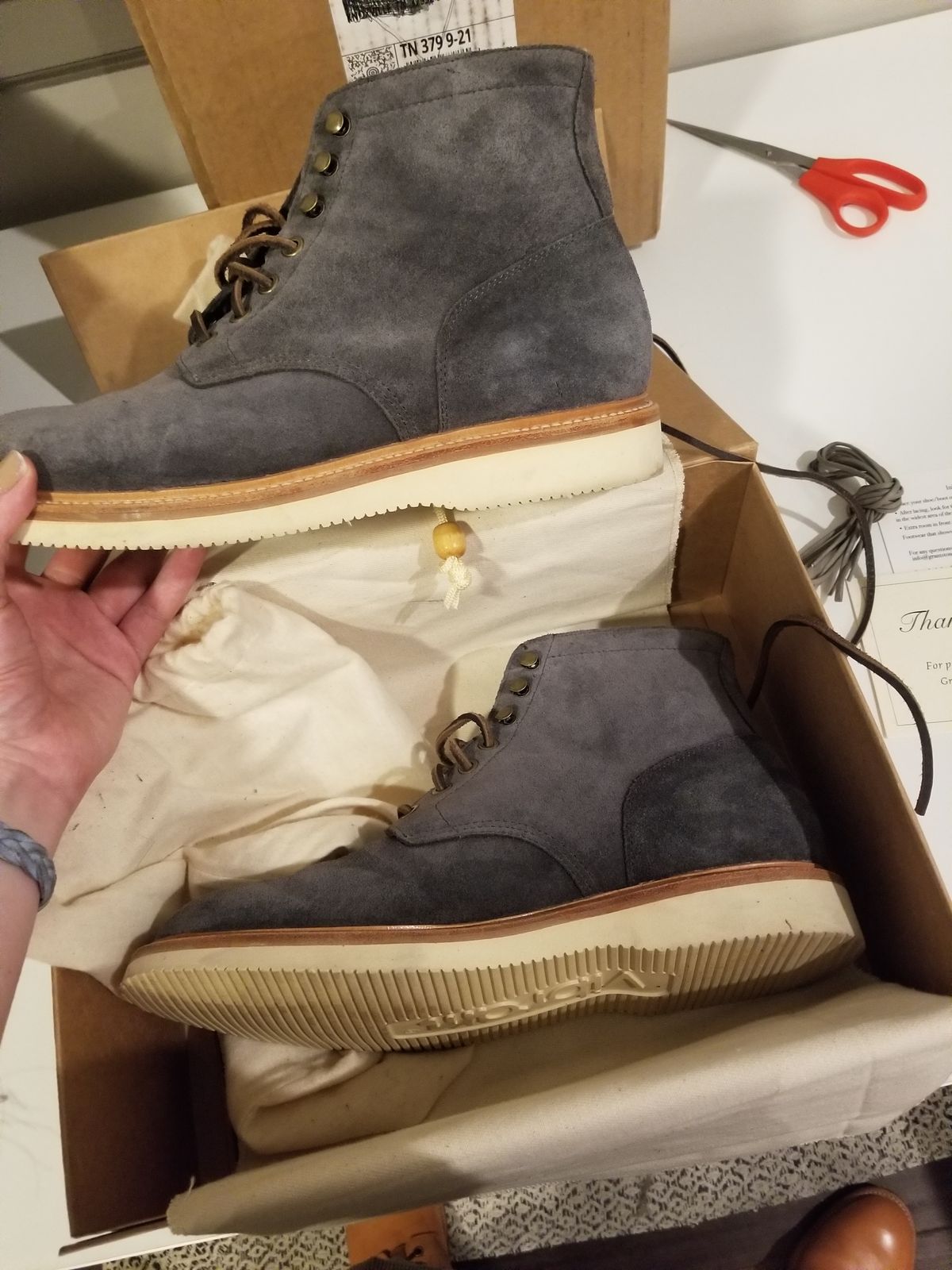 Photo by InfernalJusticator on December 17, 2024 of the Grant Stone Diesel Boot in C.F. Stead Storm Repello Calf Suede.