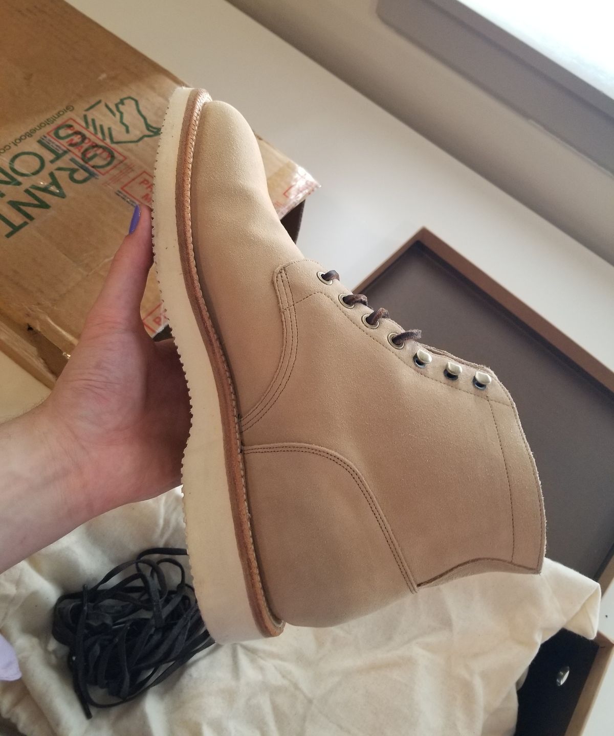 Photo by InfernalJusticator on May 6, 2025 of the Grant Stone Diesel Boot in C.F. Stead Tan Repello Calf Suede.