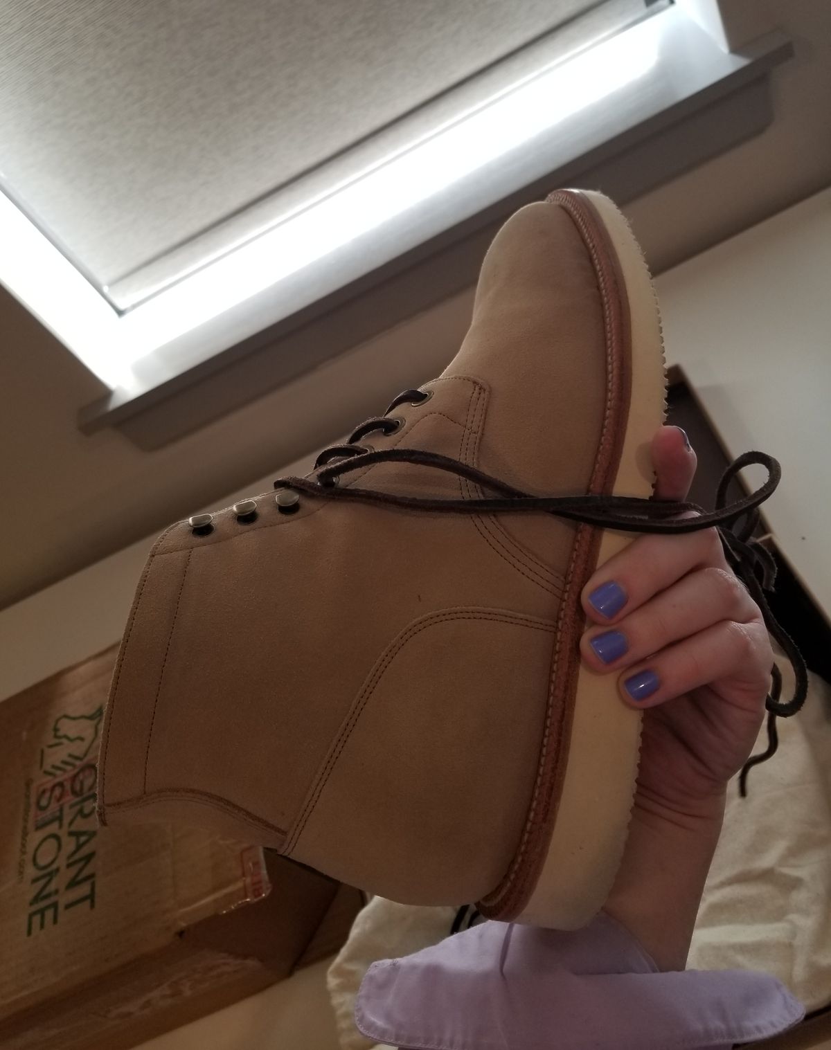 Photo by InfernalJusticator on May 6, 2025 of the Grant Stone Diesel Boot in C.F. Stead Tan Repello Calf Suede.