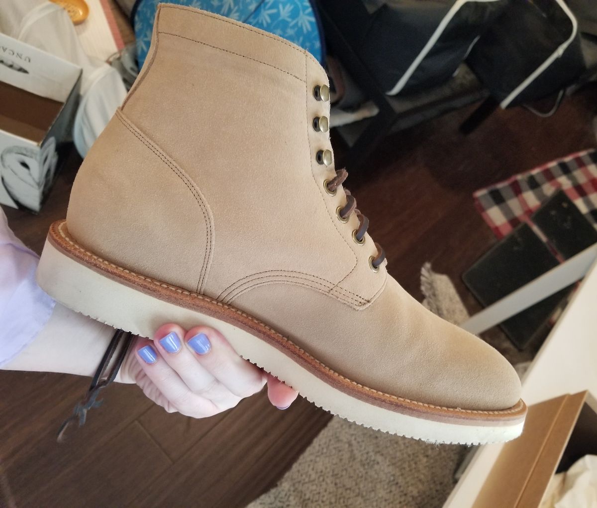 Photo by InfernalJusticator on May 6, 2025 of the Grant Stone Diesel Boot in C.F. Stead Tan Repello Calf Suede.
