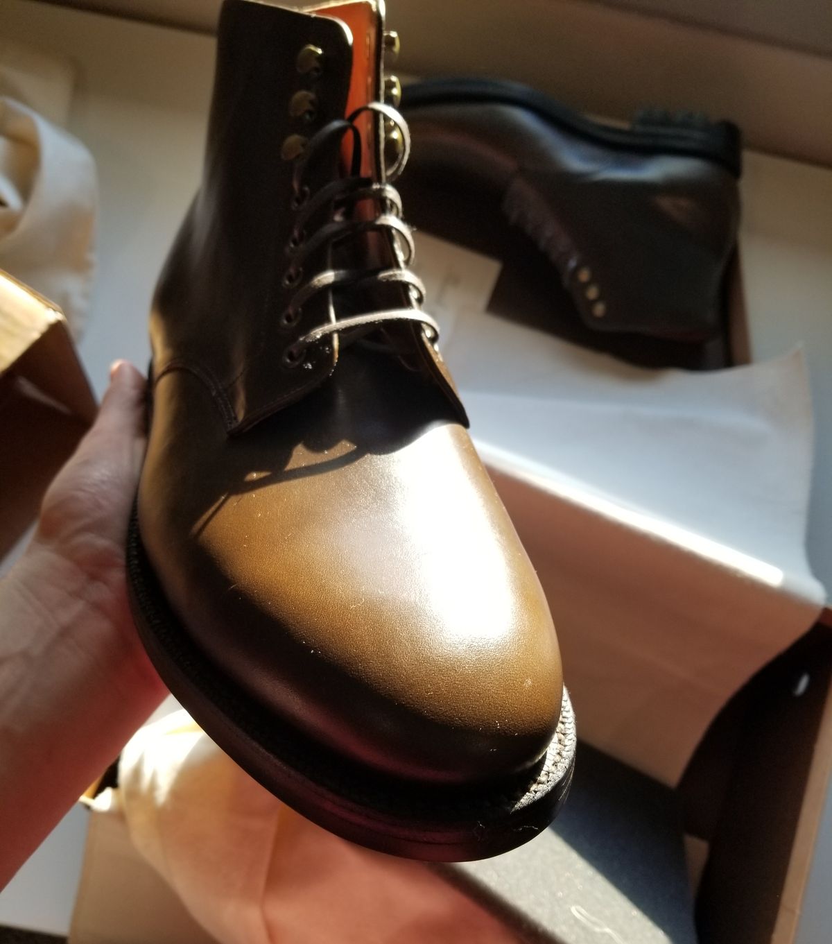Photo by InfernalJusticator on April 7, 2025 of the Grant Stone Edward Boot in Horween Dark Olive Chromexcel.