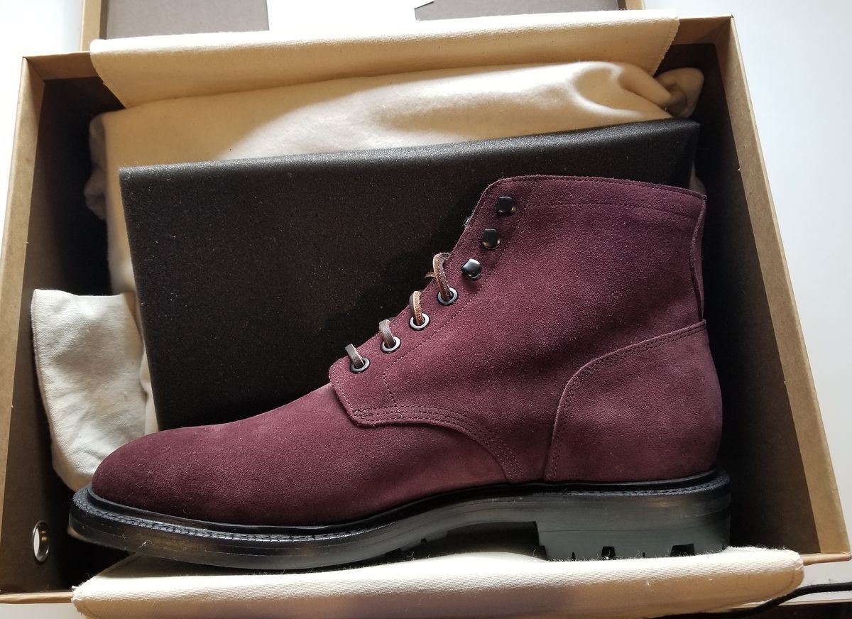 Photo by InfernalJusticator on April 23, 2025 of the Grant Stone Diesel Boot in C.F. Stead Berry Repello Calf Suede.