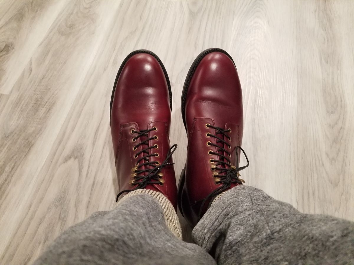 Photo by InfernalJusticator on December 30, 2023 of the Grant Stone Edward Boot in Horween Color 8 Chromexcel.