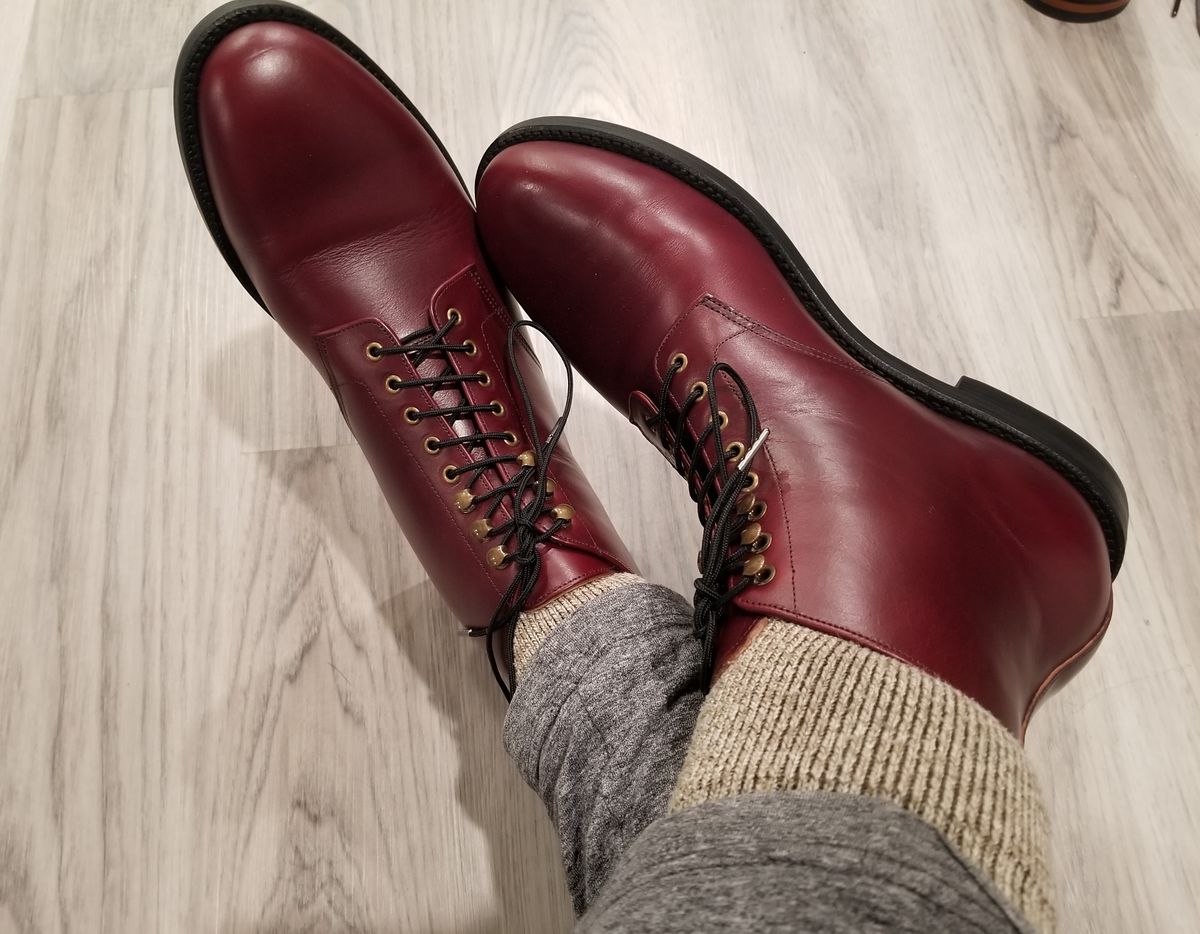 Photo by InfernalJusticator on December 30, 2023 of the Grant Stone Edward Boot in Horween Color 8 Chromexcel.
