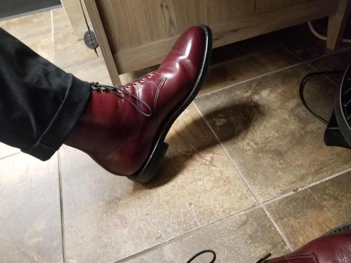 Photo by InfernalJusticator on June 26, 2024 of the Grant Stone Edward Boot in Horween Color 8 Chromexcel.