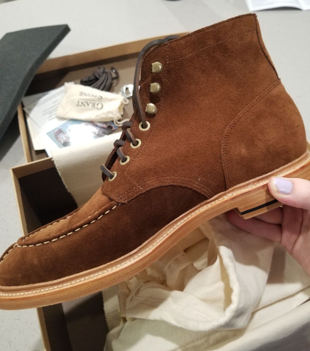 Photo by InfernalJusticator on January 8, 2024 of the Grant Stone Ottawa Boot in C.F. Stead Bourbon Repello Calf Suede.