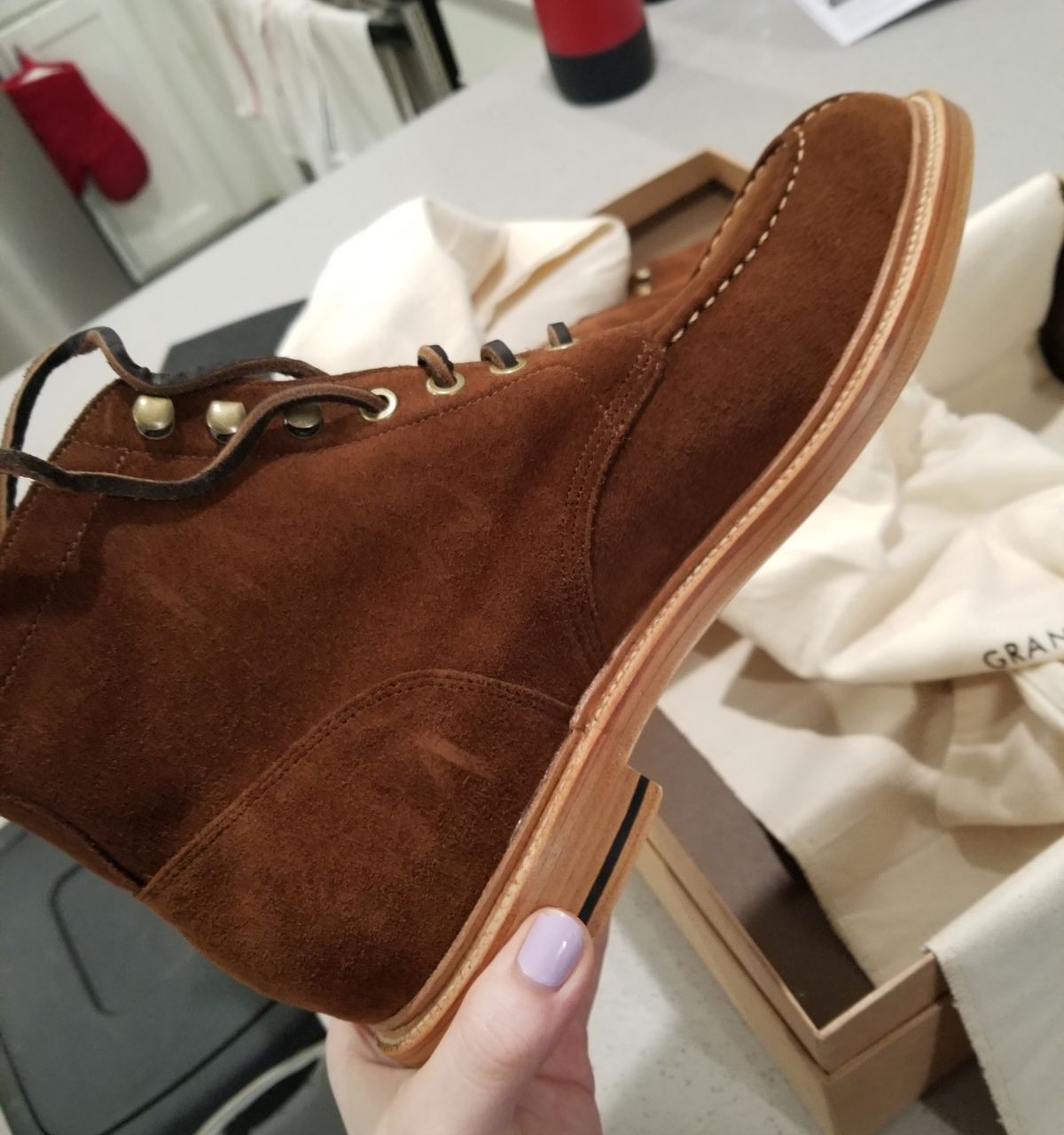 Photo by InfernalJusticator on January 8, 2024 of the Grant Stone Ottawa Boot in C.F. Stead Bourbon Repello Calf Suede.