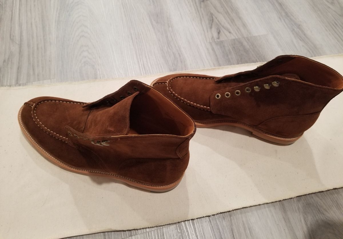 Photo by InfernalJusticator on January 8, 2024 of the Grant Stone Ottawa Boot in C.F. Stead Bourbon Repello Calf Suede.